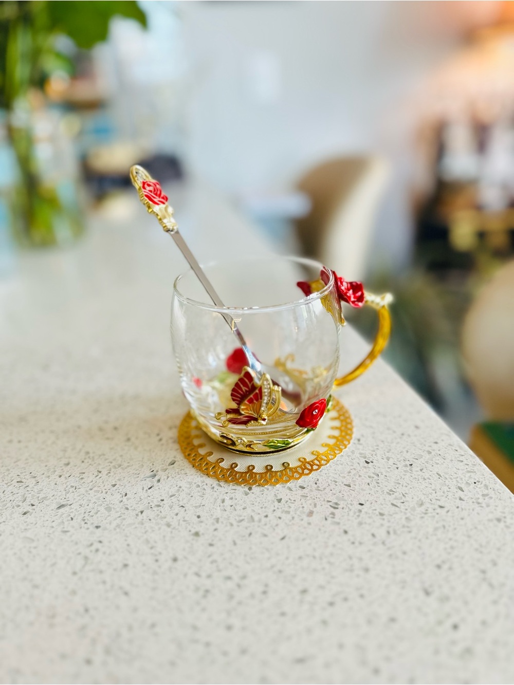 Ornate Gold & Glass Rose Teacup with Spoon